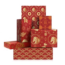 Chinese New Year Wrapping Paper, 6 Unique Designs Horse Theme - 6 Large Sheets (27x20 inch), Premium Red & Gold Paper for 2026 Year of the Horse, Lunar New Year Gifts