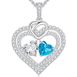LOUISA SECRET Sparkling Double Heart Birthstone Necklace Gifts for Women, 925 Sterling Silver Fine Jewelry, Pendant Heart Necklace Birthday Anniversary Christmas Gift for Women Wife Mom Girlfriend