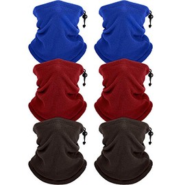 6 Pieces Drawstring Warm Winter Fleece Neck Gaiter Double Layer Neck Warmer Windproof Face Scarf for Men Women (Wine Red, Coffee, Royal Blue)