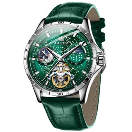 OLEVS Mens Automatic Watches Starry Sky Skeleton Tourbillon Self Winding Mechanical Luminous Green Leather Luxury Dress Wrist Watch Gifts
