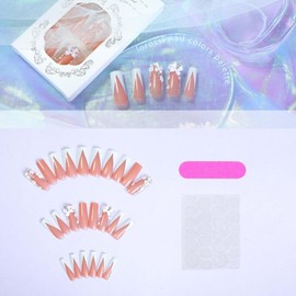 YoYoee Long Square False Nails Luxury Nude Nails Tips French Bling Press on Nails 3D Butterfly Fake Nails for Women and Girls 24PCS