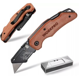 WORKPRO Folding Utility Knife Wood Handle Heavy Duty Box Cutter NEW Quick-change