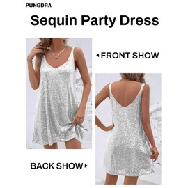 Pungdra Women's Sequin Dress for Women Sparkly Glitter Silver Small V Neck Shift Cocktail Disco Outfit Party Club Night Out Mini Dresses