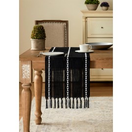 YZJZEDS Hemstitched Farmhouse Table Runner, Black 13x108 Inch, Cotton Linen Table Runners 108 Inches Long, Embroidered Striped Orange Boho Table Runner Rustic Home Decor