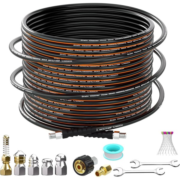 50FT Sewer Jetter Kit for Pressure Washer 5800PSI Drain Sewer