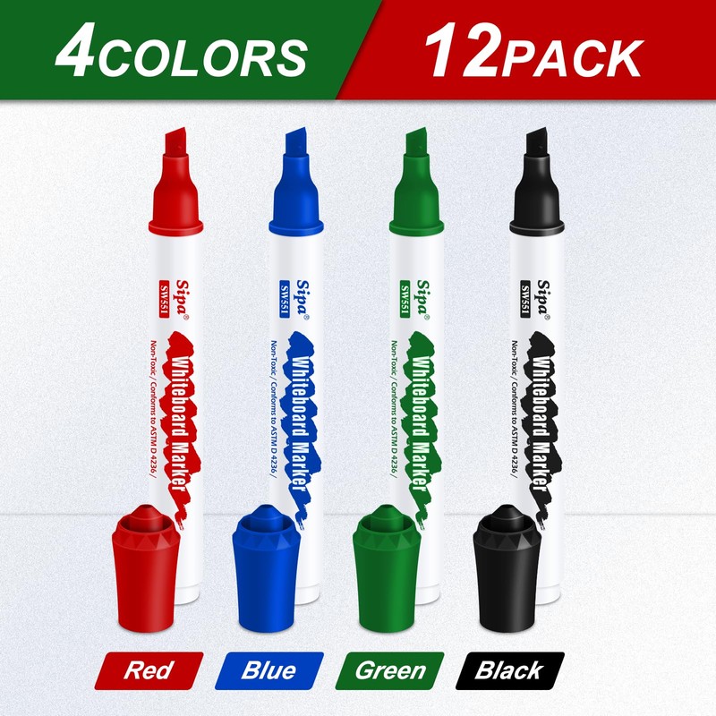 Sipa Whiteboard Markers Pens, 12 Bulk Dry Wipe Chisel Tip