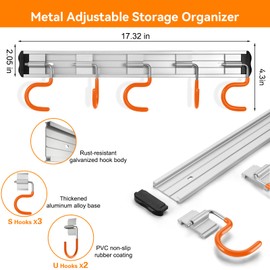 HUPBIPY 69'' Aluminum Alloy Garage Tool Organizer Hooks Adjustable Garden Wall Mount Holder for Hanging Shovel Broom Rake Bulk Items and More