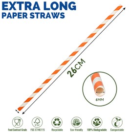 26 x 0.6 cm Long Orange White Striped Paper Straws - For Drinks, Parties, Large Cups, Pack of 100, 100% Biodegradable
