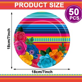 Naozinebi 50Pcs Mexican Fiesta Paper Plates 7" Stripes Mexico Patters Disposable Mexican Floral Stripes Tableware for Mayo Fiestas Dance Pinata Mexico Taco Colorful Ponchos Party Decoration Supplies