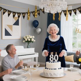 Flomiara Black Gold Party Decorations birthday bunting, Happy Banner Bunting Flags, 36 Pieces Triangle Gold Black Glitter Diamond by Numbers 80th Birthday Anniversary Theme Party Decoration Supplies