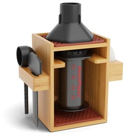 HEXNUB – Compact Organizer for AeroPress, Bamboo Coffee Caddy Station Holds AeroPress Coffee Maker, Accessories, Filters, Cups, Stand includes Mats (Brown)