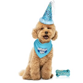 JT PET Dog Birthday Boy Party Pack with Bandana, Star Spangled Party Hat with Adjustable Elastic, Tassels and Feathery Trim, and Vegan Birthday Bone, Small
