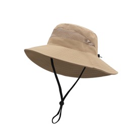 LJCZKA Wide Brim Sun Hat for Men Women,Unisex Waterproof Packable Bucket Hat with Chin Strap,Breathable Mesh Bucket Hat with Criss Cross Ponytail Hole (UK, Alpha, One Size, Khaki)