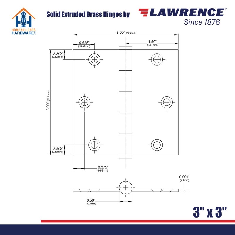Embassy Door Hinge Solid Brass - 3 x 3 Inch,