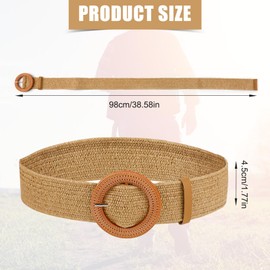 2pcs Braided Waist Belts for Women, Straw Woven Elastic Belt Summer Dress Belts Boho Wide Stretch Braided Belt with Round Button for Women Girls (White, Kahki)