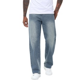 MZNBURAM Men's Non-Stretch Loose Fit Wide-Leg Baggy Jeans Pants (34, A#Navy Blue)