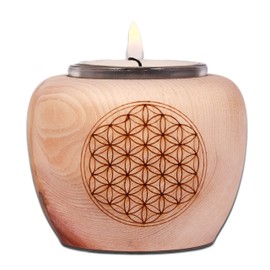 Dekobox Mia tea light holder made of pine wood with laser motif flower of life.