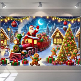 BlissYard Christmas Backdrop 70.9 x 43.3 Inches Santa Train Wall Banner with Gingerbread Man Holiday Tree Decoration Fabric Background for Kids Room Winter Party Indoor Outdoor Photo Booth