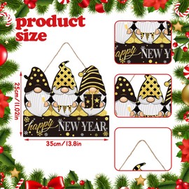 Reversible Hello Winter/Happy New Year Door Gnome Sign Winter Home Front Door Decor Reversible Hanging Wooden Wall Porch for Christmas New Year 2026 Indoor Outdoor Decor
