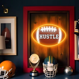 Football Neon Signs for Wall Decor, HUSTLE Neon Sign, Football Shaped LED Neon Light for Man Cave, Teens, Boys, and Girls' Bedrooms and Game Rooms. Neon Wall Signs Gift for Football Fans Teens
