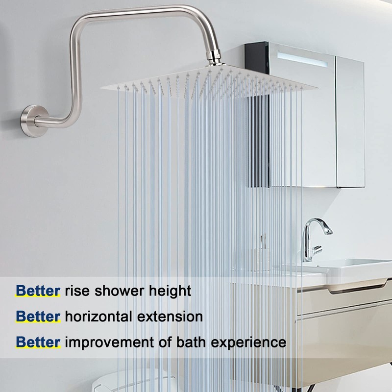 NearMoon S Shape Shower Extension Arm with Flange, Stainless Steel