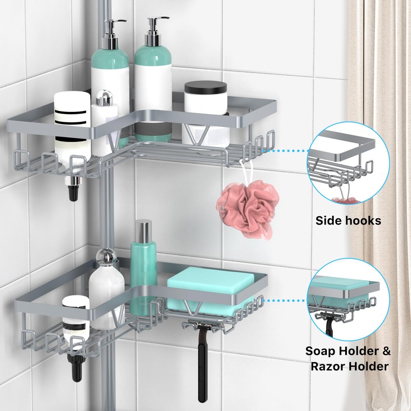 KEGII 4-Tier Corner Shower Caddy Tension Pole - Adjustable Shower