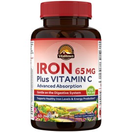 Vitalitown Iron Supplement for Women Men, High Potency 65mg Iron, 60 Tabs