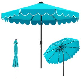 Tangkula 10FT Solar LED Patio Umbrella, 2-Tiers Scalloped Outdoor Table Market Umbrella with 24 LED Lights, Vented Top, Tilt Adjustment, Crank, 8 Ribs for Backyard Poolside Deck Beach Lawn (Turquoise)