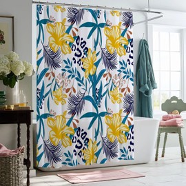 ORTIGIA Tropical Boho Shower Curtain- 72x72 Inch Fabric Bath Curtain with 12 Metal Hooks, Heavy Duty Waterproof Polyester Cloth, Flower Leaf Design for Modern Bathrooms