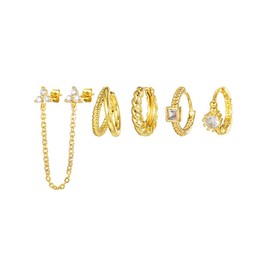 FDEETY Earrings for Women, 5 Pieces, 18 K Brass, Green Cubic Zirconia, Flowers, Tassels Set, Ideal for Weddings, Parties and Special Occasions Women, Brass, Brass.