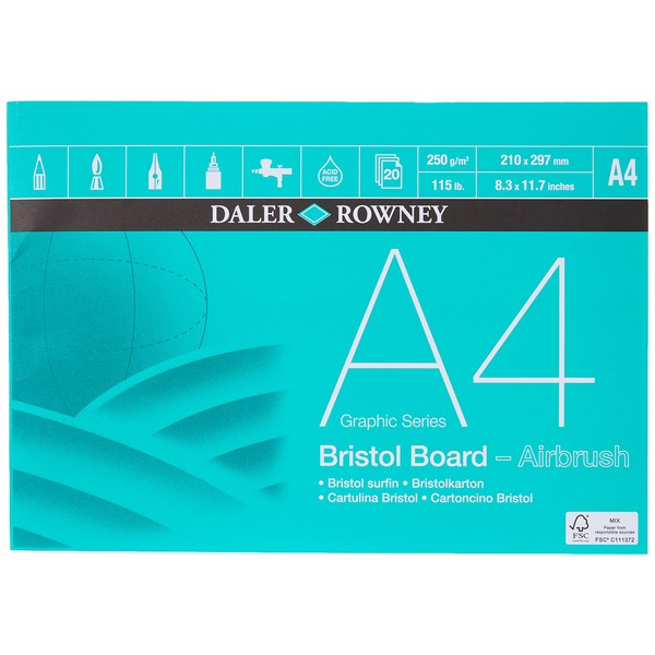 Daler-Rowney Graphic Series Smooth Surface 250 gsm A4 Bristol Board Pad, Glued 1 Side, Acid-free, 20 White Sheets, Ideal for Professional Artists and Students