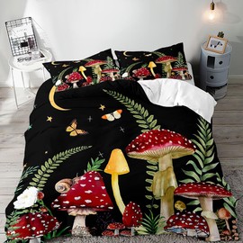 LUVIVIHOME 3PCS Red Mushroom Bedding Set, Black Duvet Cover Queen Cottagecore Aesthetic Boho Moon Star Butterfly Flower Snail Green Plant Botanical Fungus Mushroom Comforter Quilt Cover 2 Pillow Cases