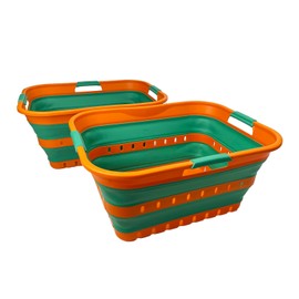 SAMMART 42L (11 gallons) Set of 2 Plastic Foldable Storage Basket/Container - Collapsible, Space Saving and Portable Laundry Hamper, Ideal for Home, Travel, Dorm (2, Autumn Leaf/Forest Green)