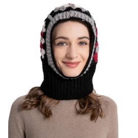 ZLYC Winter Knitted Winter Hat Windproof Hooded Scarf Balaclava Beanie Hat for Women (Crochet Black)