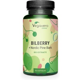 Bio Bilberry & Pine Bark Capsules Vegavero®, Anthocyanins from Blueberry Extract Feno-Myrtillus® & Pine Bark Extraction from Finland, Vegan & No Additives, Pack of 90