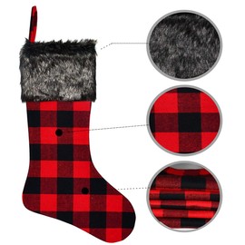 Senneny Christmas Stockings- 4 Pack 18" Red Black Buffalo Plaid Christmas Stockings with Plush Faux Fur Cuff, Classic Large Christmas Stockings Decorations for Family Christmas Holiday Party Decor