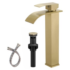 BWE Vessel Sink Faucet Brushed Gold Faucet for Bathroom Sink Tall Waterfall Bathroom Faucet Single Handle One Hole Vanity Sink Faucet with Pop-up Drain