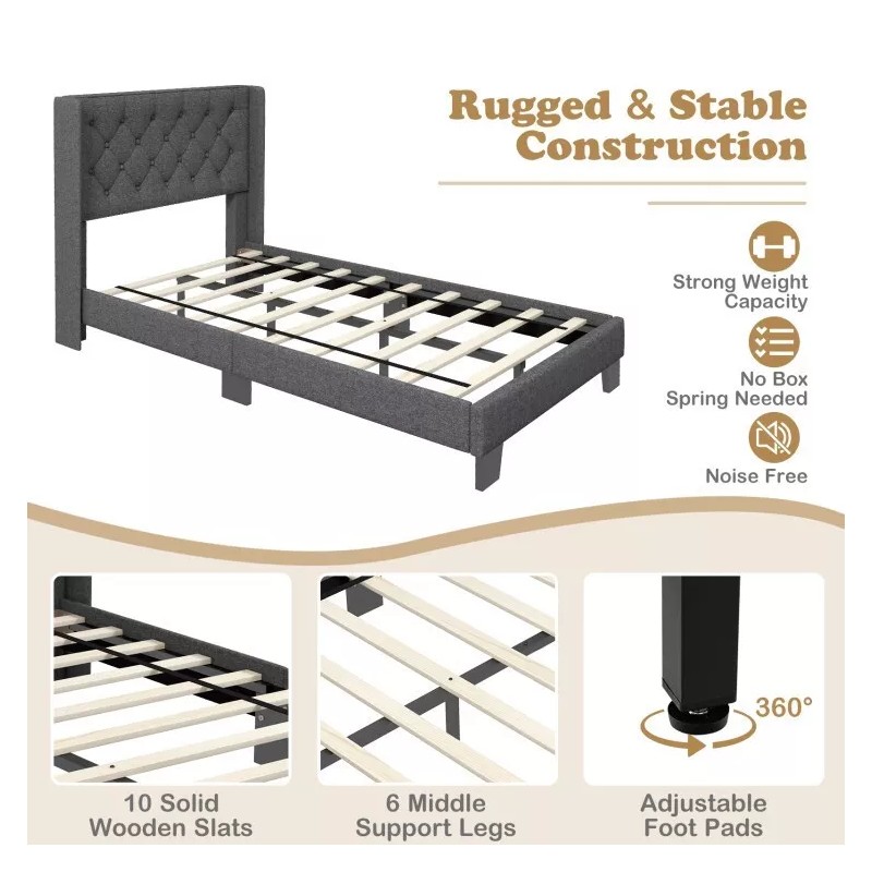 COSTWAY Twin Size Modern Upholstered Headboard Bed Frame With Button