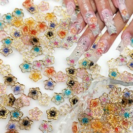 56Pcs Flower Nail Charms Colorful Floral Pistil Nail Rhinestones Gold Edge 3D Flower Resin Nail Gems Glitter Gilding Design Nail Jewelry Spring Nail Supplies for Women Acrylic Nail Decorations DIY