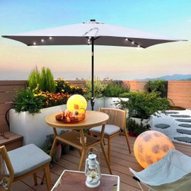 The Fellie 6.5x10 ft Large Patio Market Umbrella with Crank Lift, Patio Umbrella with Solar Lights, Outdoor Rectangula Table Umbrellas for Balcony Backyard Pool Porch Deck Furniture Set, Light Grey