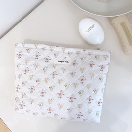 Yovell Quilted Makeup Bag Floral Makeup Bag Cute Make Up Pouch Travel Organizer Toiletry Cotton Cosmetic Bags for Women Girls (Flower Pink/Yellow)