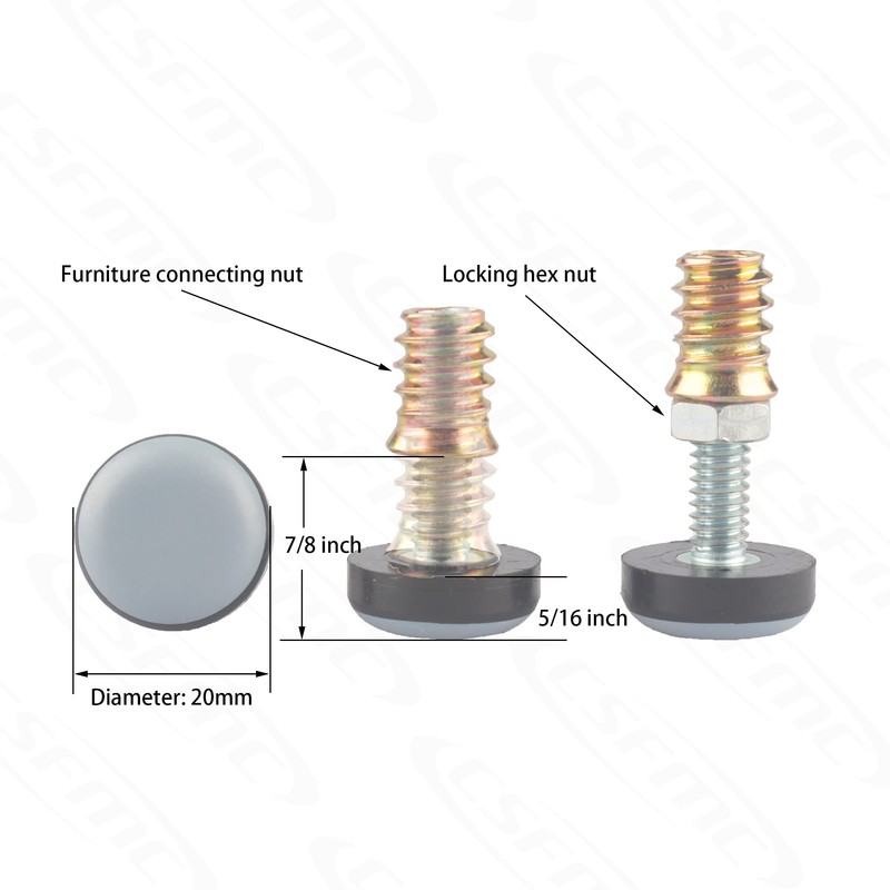 CSFMC Furniture Leveler PTFE(Teflon) Bottom(20mm Base),Threaded Shank(1/4-20) Adjust Pads,Table/Chair/Cabinet/Sofa Medium