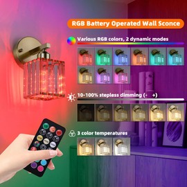 ZAUKNYA Battery Operated Sconces Set of 2, Rechargeable Wireless Sconces with Remote Dimmable 12 Colors Crystal Battery Wall Sconce Set of Two, for Bedroom Living Room Hallway （Gold ）