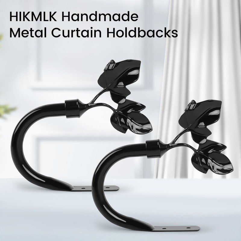 HIKMLK Piano Black Leaf Curtain Tiebacks - Piano-Lacquer Aluminum Holdbacks
