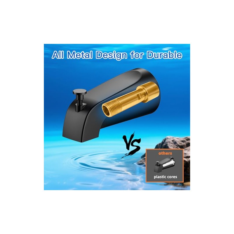 Matte Black Bathtub Spout with Diverter, All Metal, Brass, 5.3