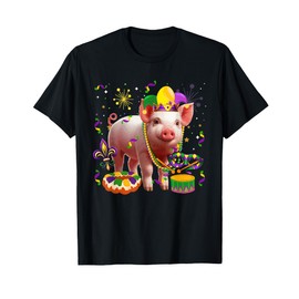 Mardi Gras Pig Wearing Jester Hat Masked Beads Farmer T-Shirt