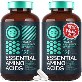 WILD FUEL Essential Amino Acid Supplement for Women and Men - 9 BCAA Complex for Strength and Conditioning EAA Lysine Tryptophan Isoleucine 2 Packs 240 Vegan Capsules, 2 Packs - 240 Capsules 60 Servings, 1 / WILD FUEL 여성 및 남성용 필수 아미노산 보충제 - 힘과 컨디션 케어을 위한 9가지 BCAA 복합체 EAA 라이신 트립토판 이소류신 2팩 240 비건 캡슐, 2팩 - 240 캡슐 60 인분, 1