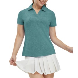 BASUDAM Women's Golf Polo Shirts V-Neck Short Sleeve Collared Tennis Shirts, Quick Dry, Moisture Wicking Dark Cyan L