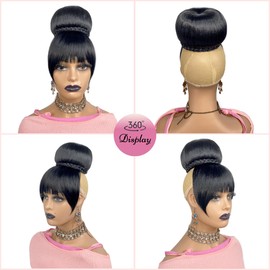 VAVANGA Extra Large Hair Bun and Bang Set 2PCS, Black Braided Bun N Bang Clip-in Updo Bride Chignon with Fringe Ponytail with Bangs Hairpiece for Black Women Wedding Party