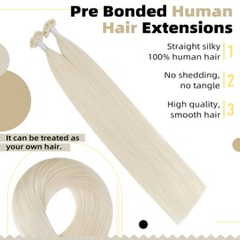 Ugeat Hair Extensions, Real Hair Bonds, Nail Tip, #60A White Blonde, 60 cm, Remy U Tip Pre Bonded Fusion Hair Extensions, 50 g, 50 Strands
